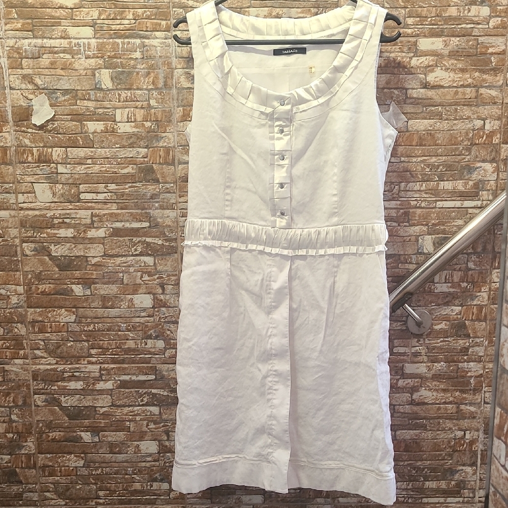 T Tahari White Sleeveless Midi Dress with Pleated Trim